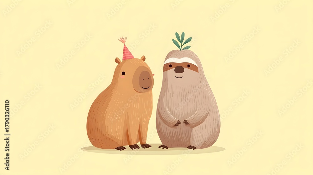 Obraz premium Charming illust n of a happy capybara in a pink party hat and a gentle sloth with a sprout on its head presented on a plain pastel yellow backdrop embodying friendship and celeb n