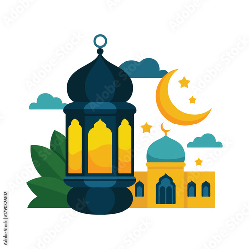 Ramadan mubarak lantern mosque moon stars graphic