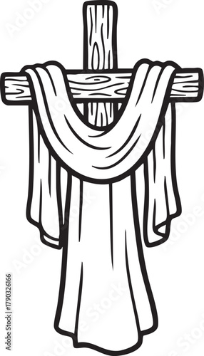 Wooden cross with draped cloth illustration on white background