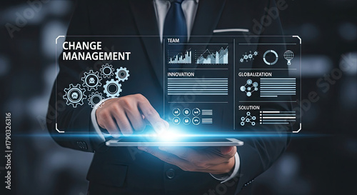 Businessman utilizing virtual change management interface system