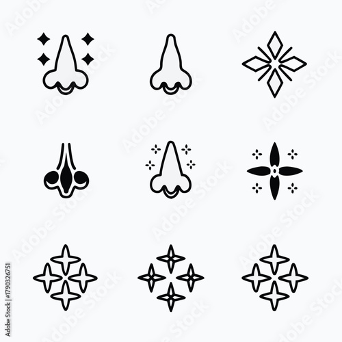 Vector illustration of nose and different smells. Outlined vector illustration of sense organ and smells set.