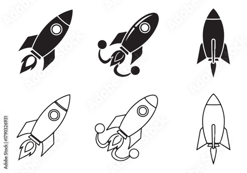 Rocket icon set, Business start-up symbol, Rocket launching sign, Vector in flat and outline design