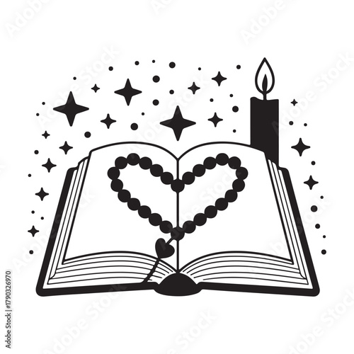 Spiritual open book, heart beads, candle, stars