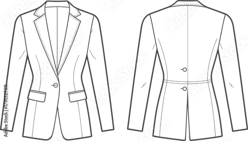 Tailored blazer technical sketch, fashion flat drawing, vector garment illustration, CAD style, front back view, clothing design, jacket template