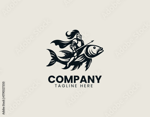 Medieval knight rides a large fish in motion symbol creative logo design