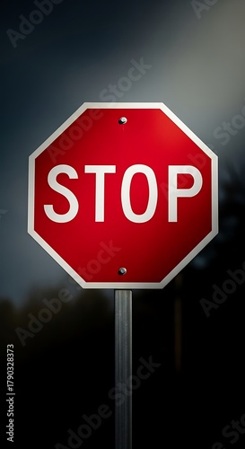 Red octagonal stop sign with white border and text, mounted on metal pole, dark background.
