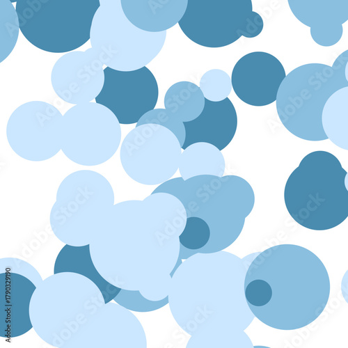 Seamless Pattern of Floating Blue Geometric Circles and Bubbles on a Clean White Background