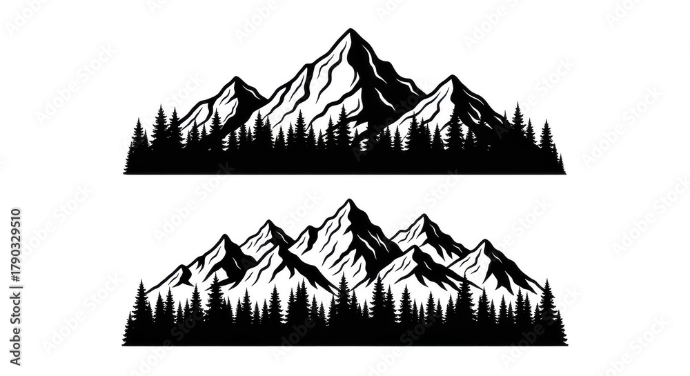 Fototapeta premium Mountain range with pine trees silhouette vector illustration