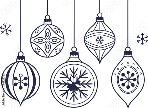 Collection of five vintage style hand drawn christmas ornaments with snowflake designs isolated on transparent background