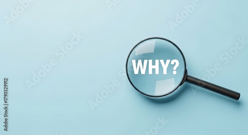 Magnifying glass highlighting why question on blue background.