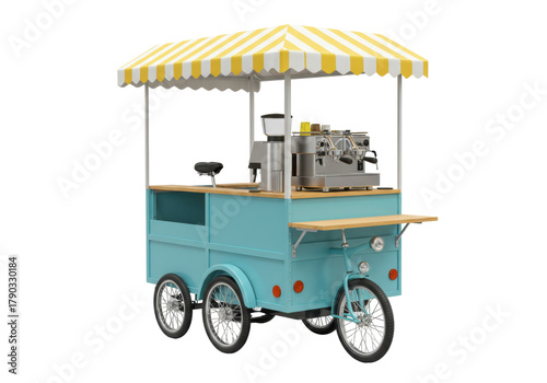 Isolated portable coffee cart machine on tricycle wheels, business, equipment, food service