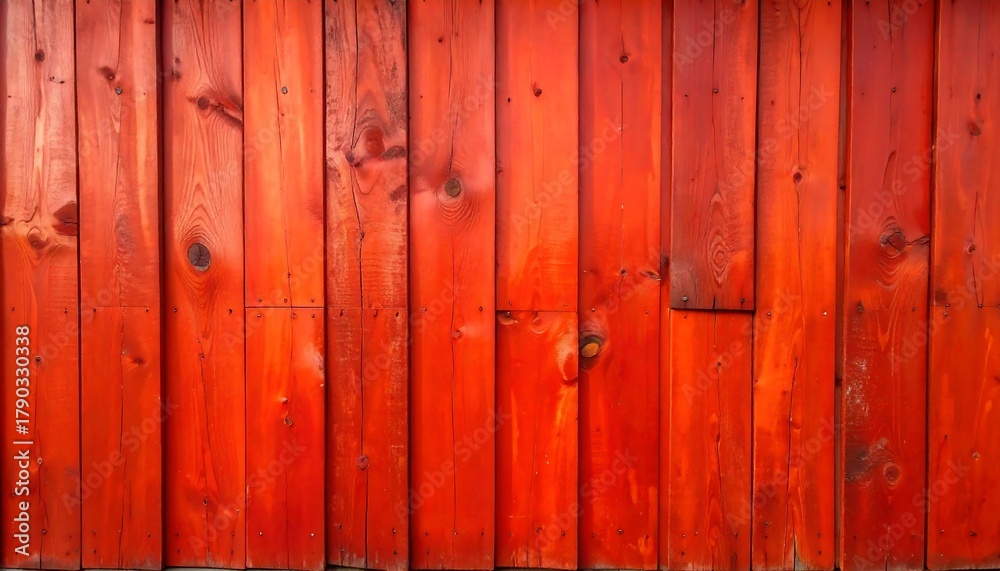 Fototapeta premium Vertical, wooden planks are featured in a close-up view. The planks are stained a vibrant reddish-orange, revealing the natural wood grain. The nails are partially visible