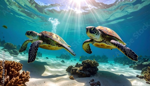 Fototapeta Naklejka Na Ścianę i Meble -  Two sea turtles swim gracefully near coral reef in shimmering sunlight. Underwater scene captures ocean life