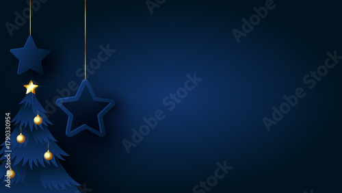 Navy card with christmas tree and stars. Dark winter background