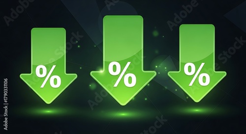 Green arrows with percentage signs pointing down, symbolizing price reduction or economic decline