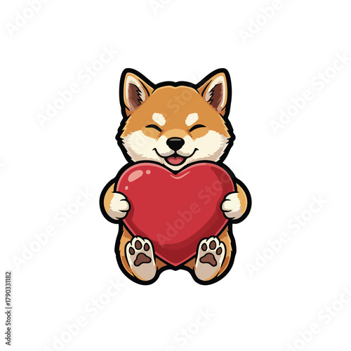 Cute shiba inu puppy holding red heart with love