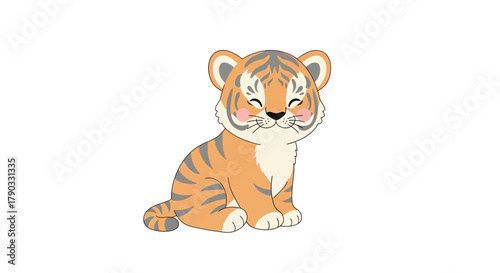 Cute cartoon tiger cub sitting and smiling with rosy cheeks on a white background.