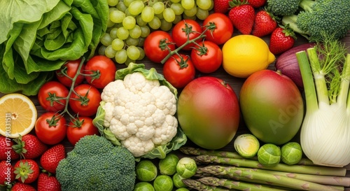 A vibrant overhead view of a colorful assortment of fresh fruits and vegetables, including tomatoes, mangoes, strawberries, and broccoli