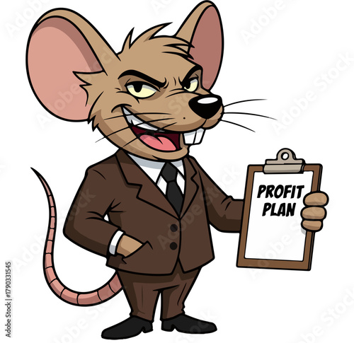 Cartoon Rat Businessman Holding a Profit Plan Clipboard.