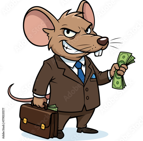Cartoon Rat Businessman Holding Money and Briefcase.