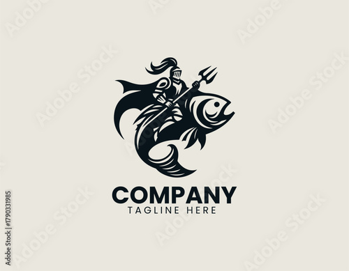 Medieval knight rides a large fish in motion symbol creative logo design