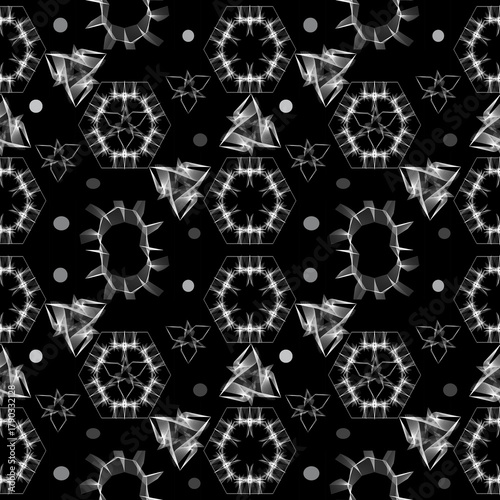  Geometric seamless pattern, fractal black and white modern intricate design for fabtic, tiles, neck ties, wallpaper and for decoration, poster, prints. Vector style 3D illustration.