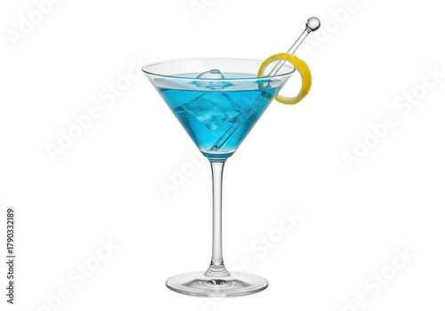 Isolated blue Martini cocktail in crystal glass, alcoholic drink with lemon peel twist decoration