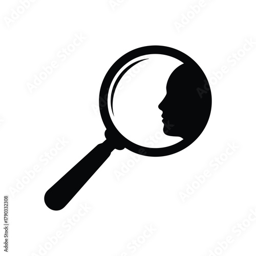 Magnifying Glass with Profile Face Silhouette Icon Vector for Identity, Search, and Analysis