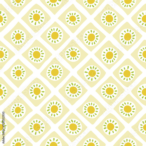 Seamless pastel yellow geometric floral vector pattern. Hand drawn retro daisy motif with soft shapes — ideal for fabric, wallpaper, and stationery.