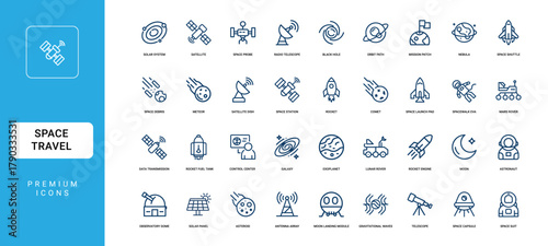 space travel mission and research vector line icon collection