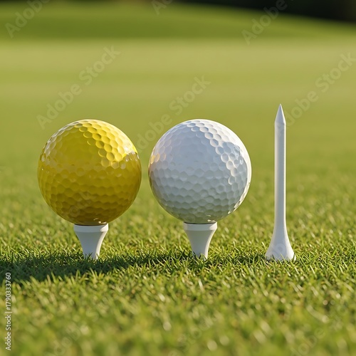 Two golf balls, one yellow and one white, sit on tees ready for play on a green course.
