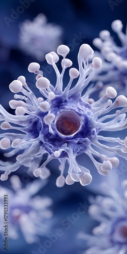 Microscopic View Of A Blue Virus Cell With White Spikes And A Red Center In A Dark Blue Background