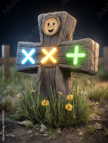 Rustic Wooden Cross with Neon Plus Minus Symbols and Smiley Face Detail in Grassy Field