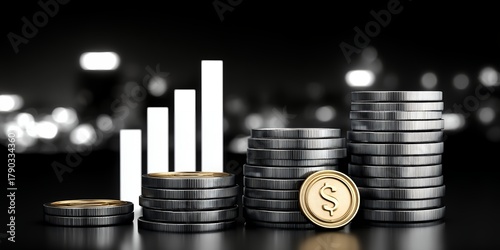 Stacks of Silver Coins And Gold Dollar Coin With White Bar Chart In Dark Background
