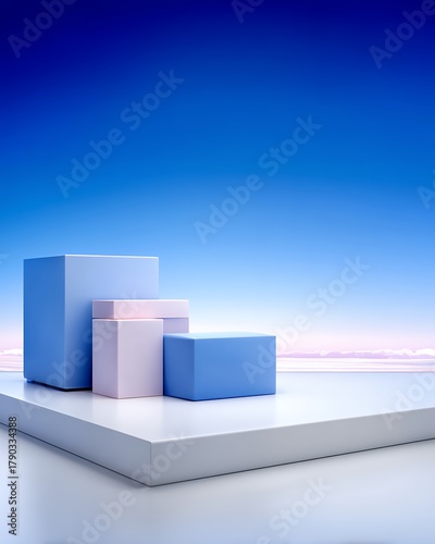 Three Pastel Colored Cubes On A White Platform With A Blue Sky Gradient Background And Soft Horizon Lights