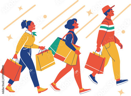 Three diverse people walking together carrying shopping bags and enjoying a retail therapy experience isolated on transparent background