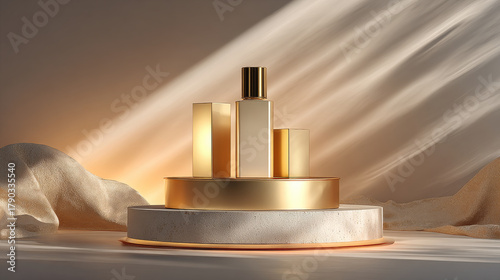 Luxurious cosmetic bottles on minimal podium with golden light create elegant and sophisticated atmosphere