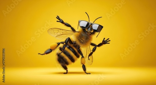 A funny honey bee wear sunglasses isolated on yellow background