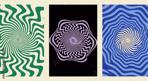Set of three vertical abstract vector posters with psychedelic optical illusion designs, featuring swirling, wavy, and rippling geometric patterns in retro color palettes