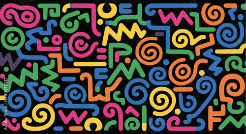 Abstract vector seamless pattern with colorful geometric neon doodle lines, spirals, zigzag shapes, and random symbols on a contrasting dark black background.