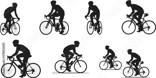 Silhouette of professional cyclists riding bicycles in motion, outdoor cycling activity, healthy lifestyle concept, sports fitness exercise, competitive racing illustration
