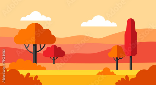 Vibrant autumn landscape illustration with stylized trees and rolling hills under a warm sky, showcasing the beauty of fall in a minimalist flat design vector art