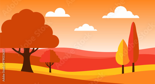 Autumn Landscape Illustration with Trees and Hills, EPS Vector Design