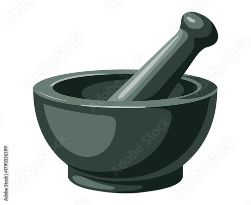 A dark gray stone mortar and pestle resting on a white background