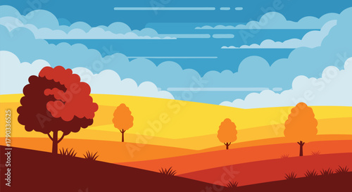 Vector illustration of a vibrant autumn landscape with rolling hills and colorful trees under a cloudy blue sky