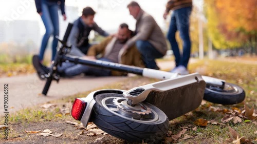 Electric scooter accident on autumn street, group assisting injured person, emergency response, urban transportation safety, community support, focus on fallen scooter, blurred background scene