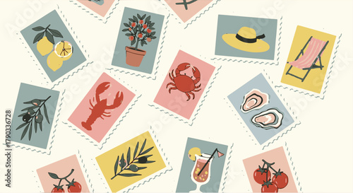 Collection of scattered, colorful vector postage stamp illustrations depicting Mediterranean summer and coastal themes: lemons, crab, olives, oysters, deck chair, and cocktail, with a vintage aestheti