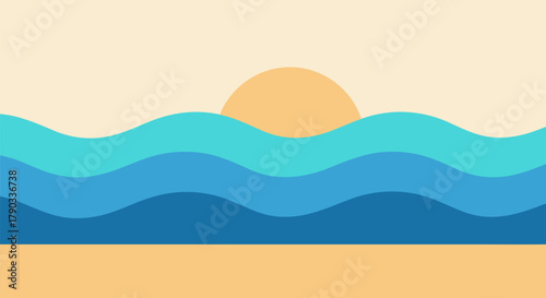 Peaceful Sunset Over Gentle Waves on a Sandy Beach - A Serene Coastal Landscape Illustration