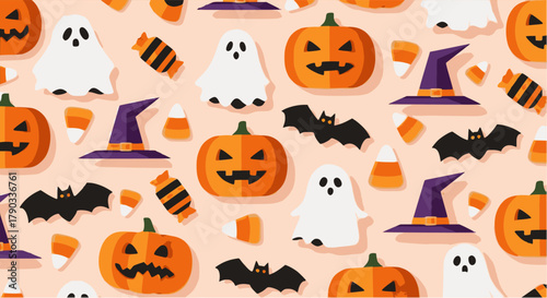Seamless vector pattern featuring fun, flat Halloween elements: jack-o'-lanterns, friendly ghosts, bats, witch hats, and candy corn, set against a soft peach background, ideal for seasonal design.