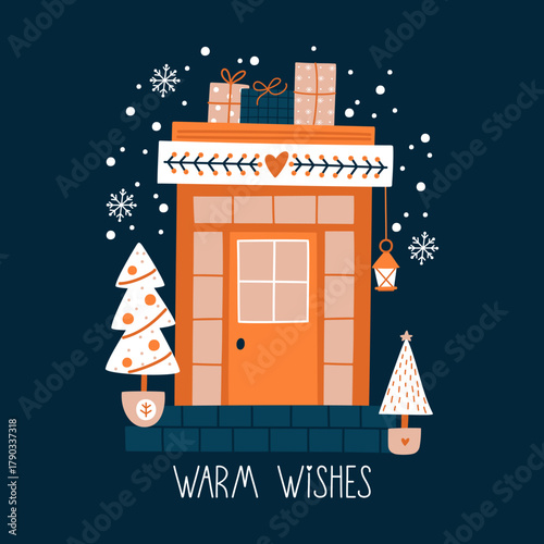 Christmas card with a festive door, gifts, and Christmas trees. Handwritten greetings.